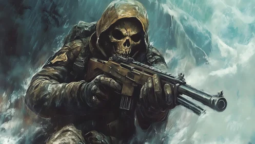 Skull-masked commando advancing through icy storm with rifle.