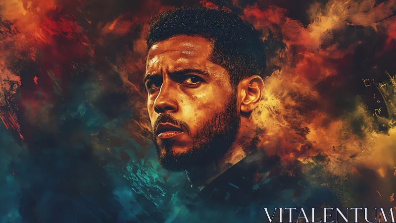 Brooding portrait glows against swirling fire and storm