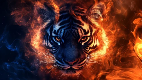 Symmetrical tiger portrait rendered in high contrast fire and smoke