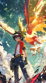 Dynamic anime trainer and blazing phoenix rendered in vibrant detail