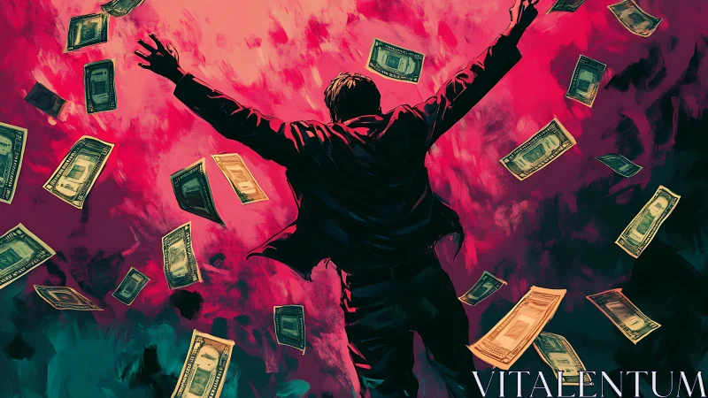 Backlit figure with raised arms among falling banknotes.