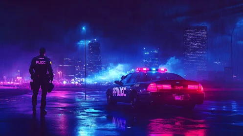 Police officer and patrol car stand in neon lit rainy city