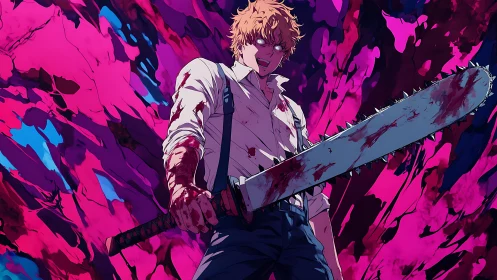 Bloodstained chainsaw wielder amid neon fluid chaos field.