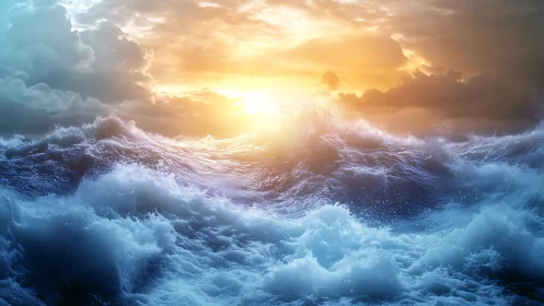 Digital seascape rendering depicts turbulent waves at sunset