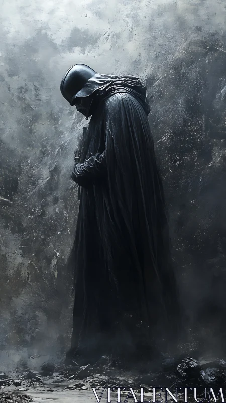 Solitary armored figure in black cloak within desaturated mist