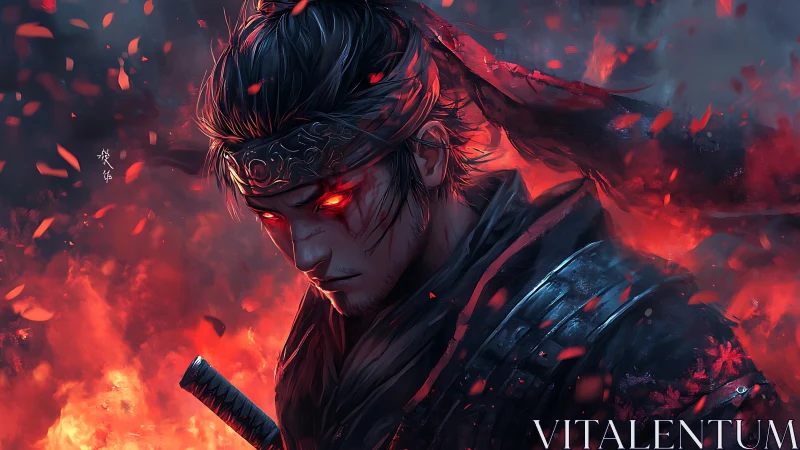 Fierce warrior in glowing embers with quietly burning resolve.