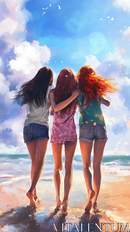 Sunlit shoreline stroll with three carefree friends.