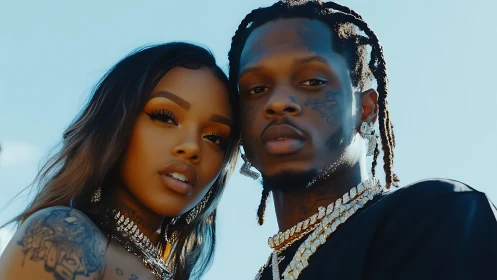 Confident tattooed couple shines under a bright urban sky