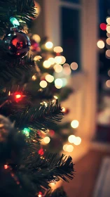 Christmas tree close-up with glowing bokeh lights indoors.
