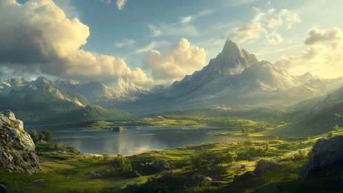 Sunlit alpine peak above serene reflective valley lake.