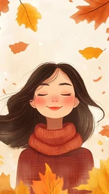 Girl in red sweater smiling calmly under falling leaves.
