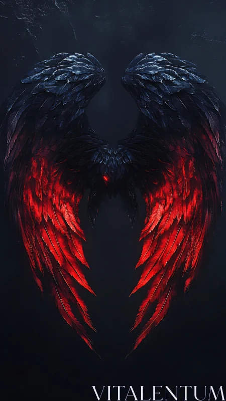 Dark feathered angel wings with glowing red lower plumes.