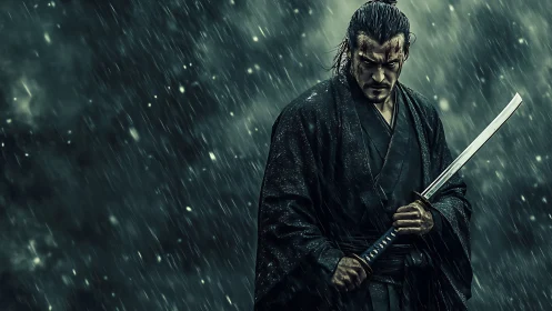 Samurai warrior grips katana in heavy rainstorm outdoors