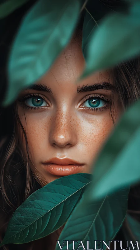Freckled woman with teal eyes framed by lush green leaves.