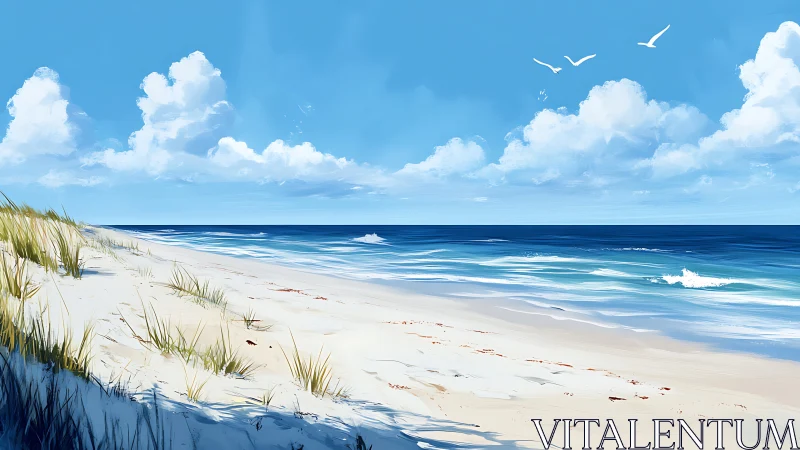 Coastal shoreline is shown with dunes, surf, and clouds