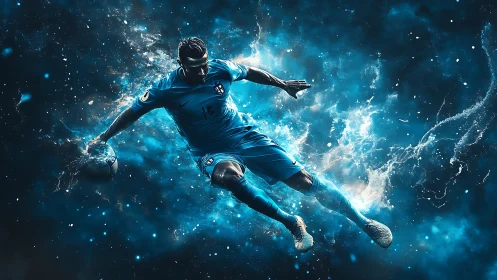 Dynamic soccer player bursts through electric blue energy storm