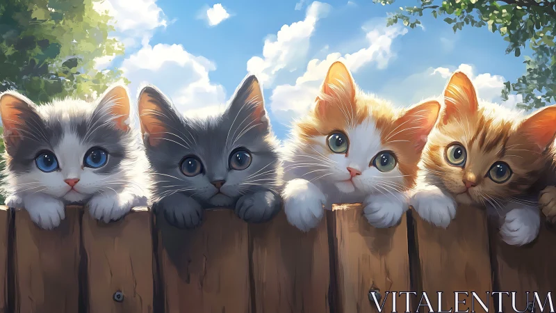Four Kittens Perched on Wooden Fence Under Sunlit Sky