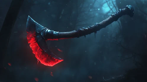 Crescent blood-red axe suspended in misty night forest.