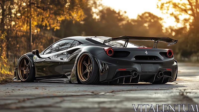 Widebody black Ferrari sports car parked on sunlit pavement