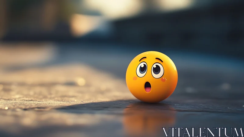 Yellow emoji sphere on blurred outdoor pavement surface.