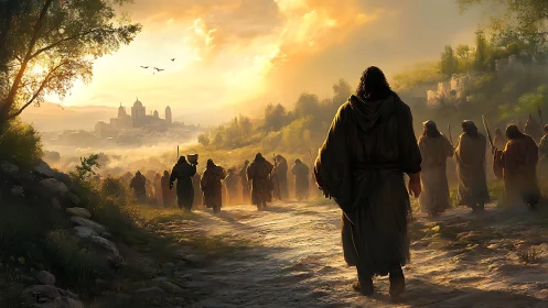 Group of robed figures walks toward distant walled city at dawn