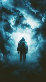 Silhouetted wanderer emerging through luminous storm clouds.