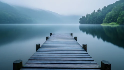 Wooden lakeside pier extending into calm misty water.