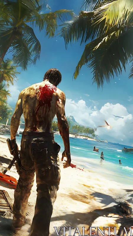 Injured armed man walking on tropical beach shoreline.