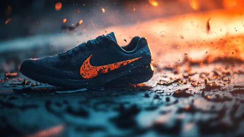 Lava-lit running shoe ignites grit on a stormy neon track.