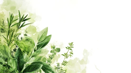 Watercolor herb foliage on white botanical background.