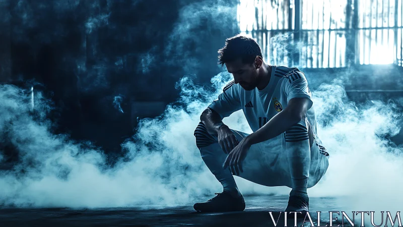 Backlit footballer in industrial fog with cinematic contrast.