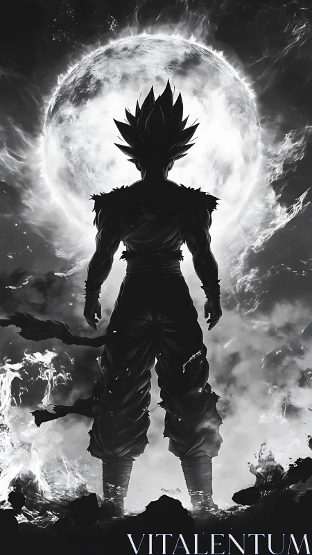 Silhouetted energy warrior before eruptive lunar backlight.