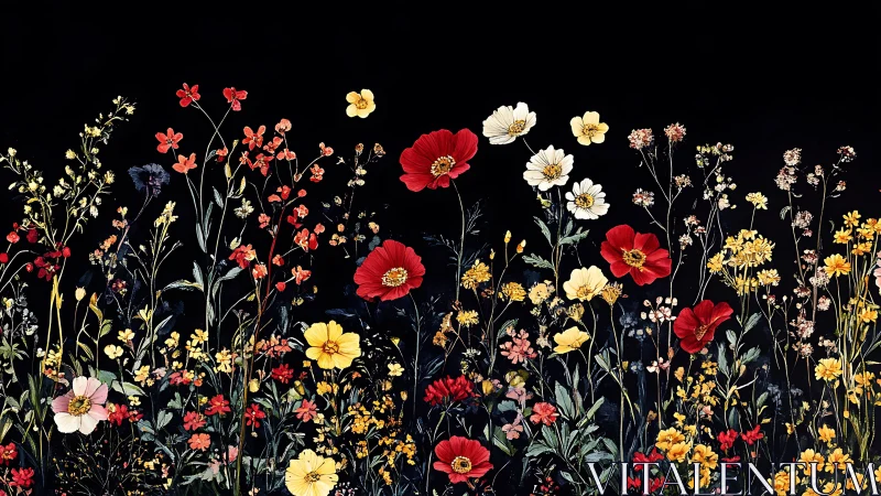 Botanical Composition: Dense Wildflower Arrangement Against Black Ground.