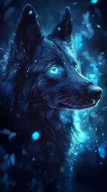 Moonlit wolf gazes through neon embers of a frozen dream
