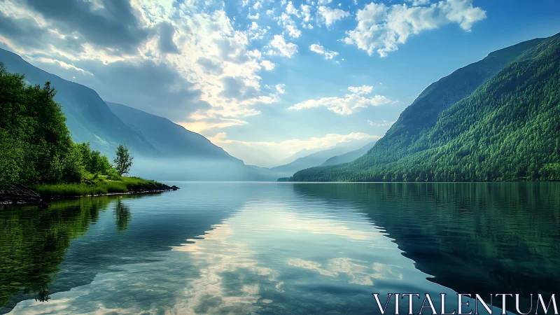 Gentle mist over a mountain lake waking to soft morning light.