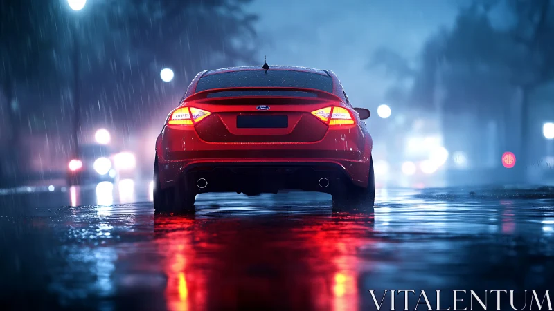 Red sports sedan in cinematic rain-soaked nocturnal street scene