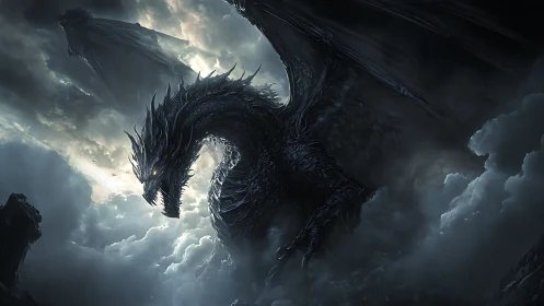 Nocturnal obsidian dragon emerging through storm-torn clouds