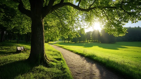 Sunlit park path winds through tranquil green landscape
