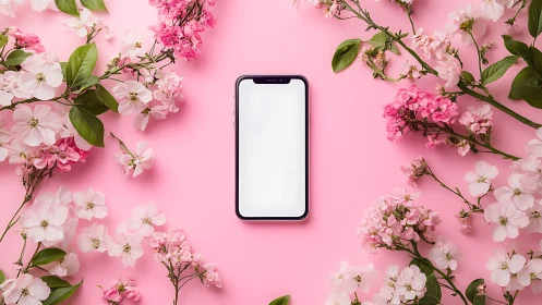 Smartphone Among Blooming Flowers on Pink.