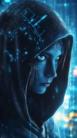 Hooded cyberpunk figure with glowing blue circuitry gaze.