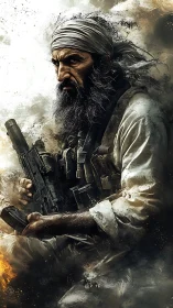 Battle-hardened soldier grips rifle amid smoky chaos.