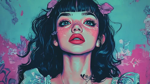 Girl with dark hair and pink accents stares upward