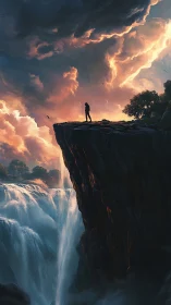 Solitary dreamer on a stormlit cliff above wild falls.
