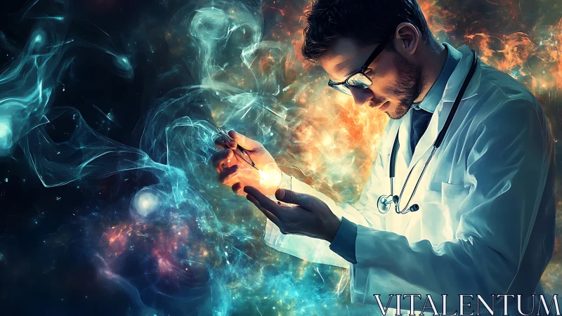 Starlit doctor cradles a newborn universe in glowing hands