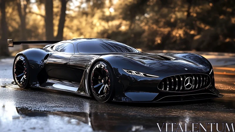 Midnight concept racer prowls through sunlit forest reflections