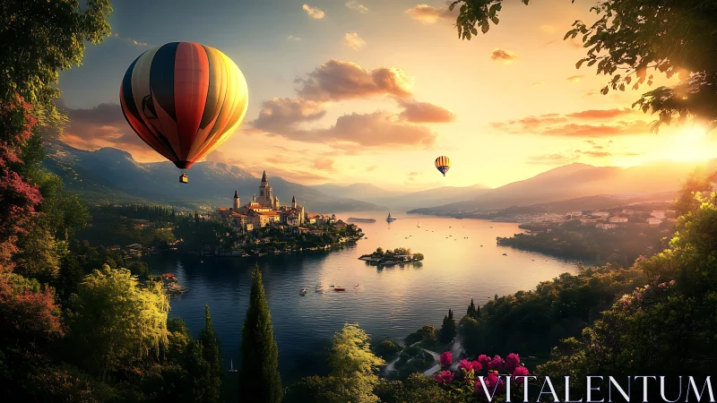 Hot air balloons float over sunlit lake and hillside town