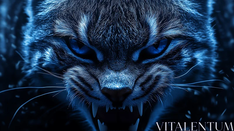 Fierce blue-eyed wildcat gazes forward with untamed power
