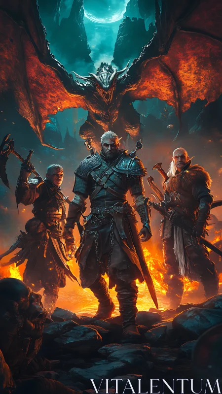 Fantasy warriors confronting dragon in volcanic canyon scene.