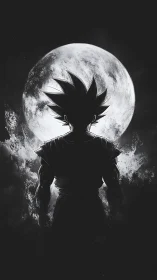 Anime warrior silhouette stands defiant beneath luminous moon
