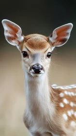 Photorealistic portrait of a young fawn in soft bokeh field.